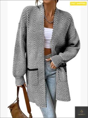 Chunky Knit Chevron Cardigan Open Front Long Sleeve Cozy Fall Sweater
